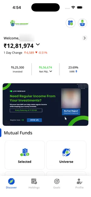 The Nivesh Shubharambh mobile app showing a consolidated portfolio value, one-day change, invested amount, net profit and loss, XIRR and mutual fund selection