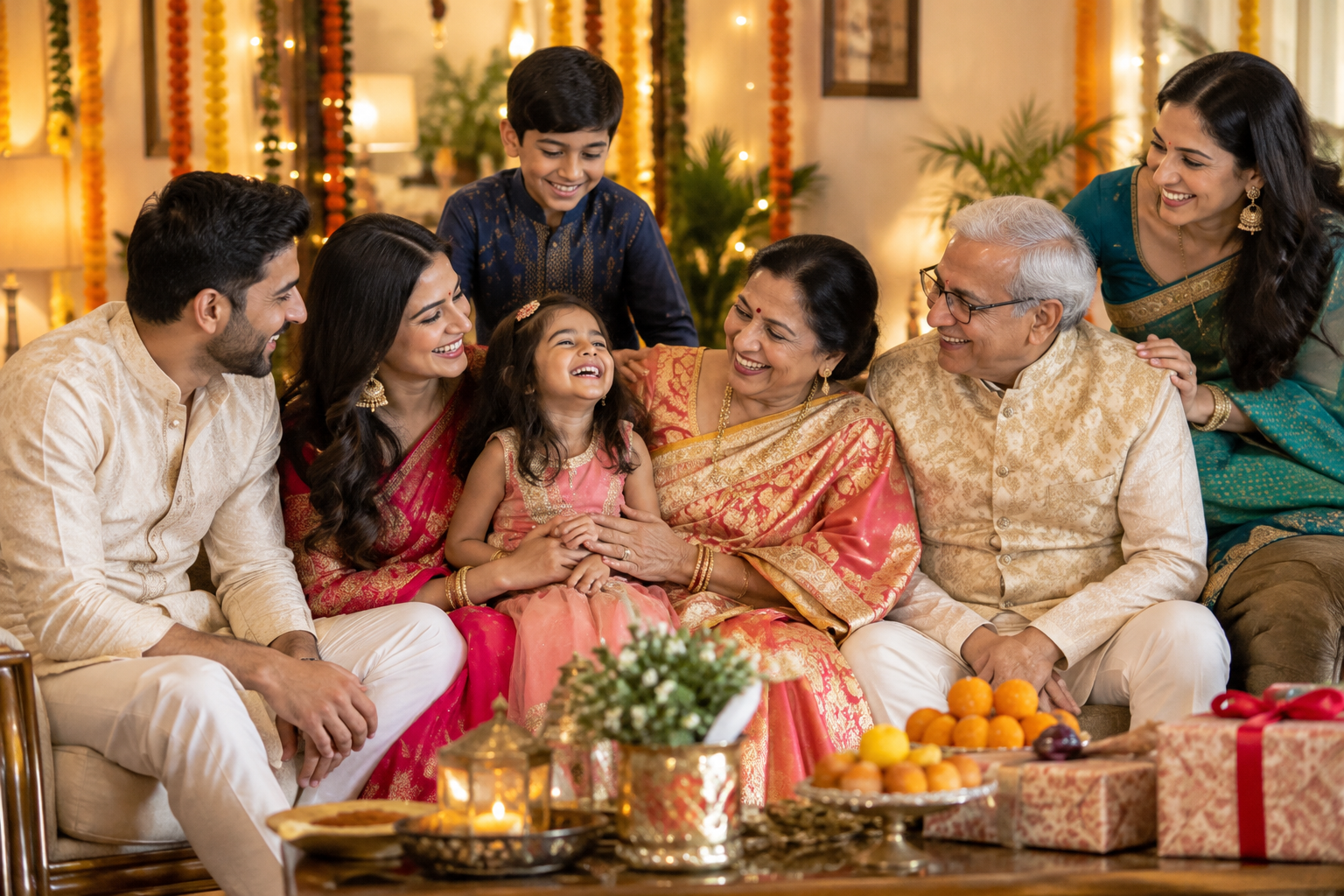 Three generations of an Indian family celebrating together at home